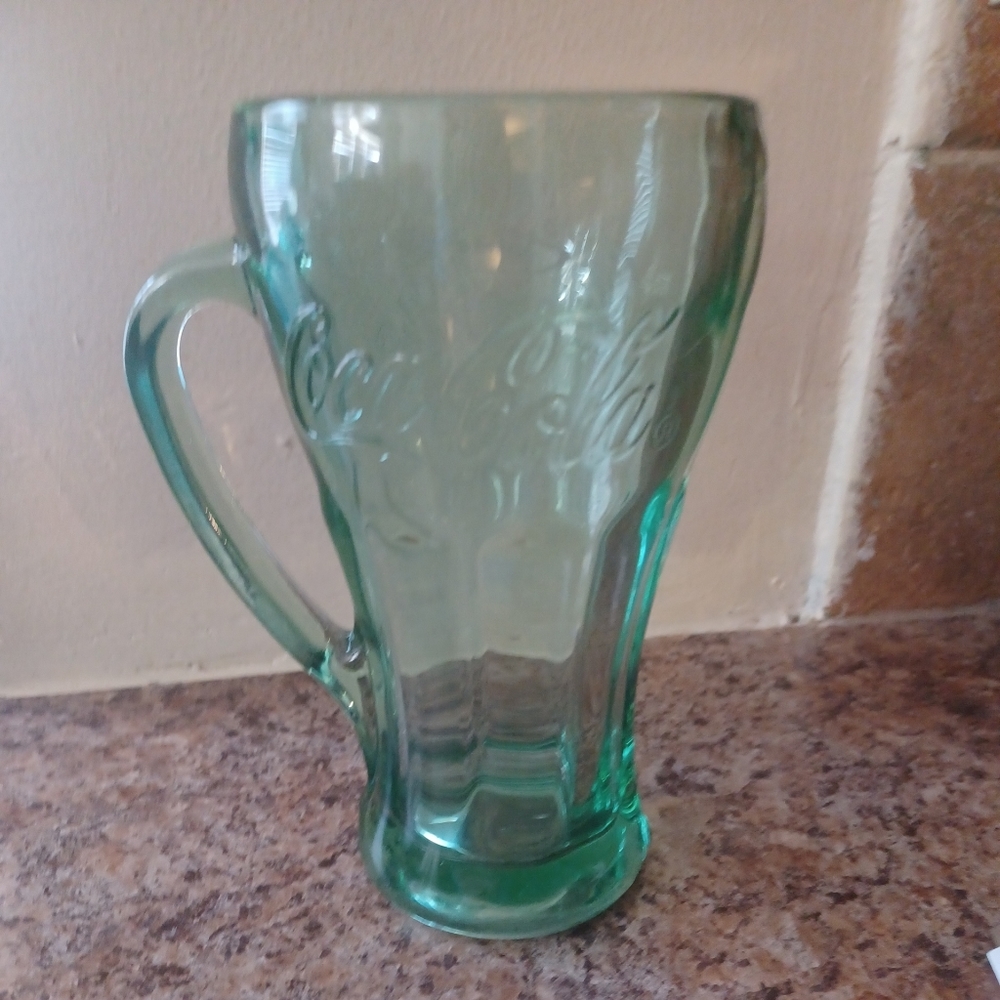 CocaCola Mug Clear With Green Tint Heavy Glass Pre Owned  Marked With J